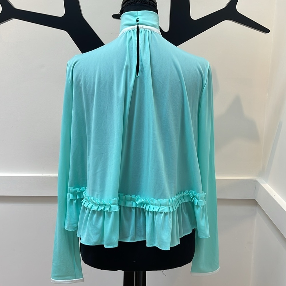 Miu Miu Teal High-Neck Ruffle Hem Long Sleeve Blouse - Picture 2 of 9
